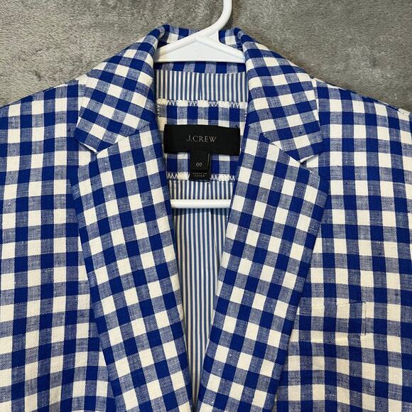 J Crew 100% Linen Campbell Blazer Jacket Blue White Gingham Check Size 00 #E9060 - Picture 2 of 6